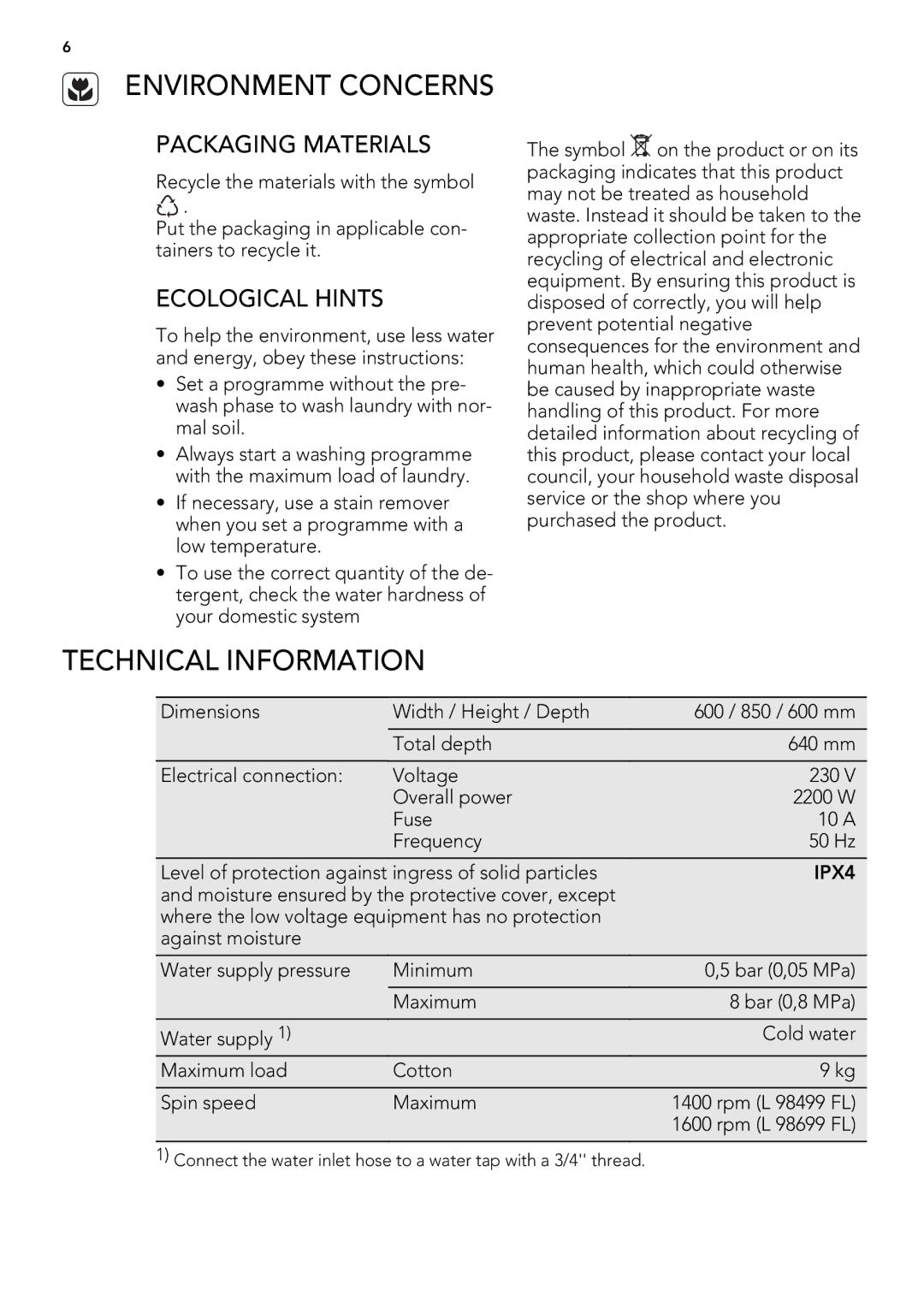 AEG L 98699 FL, L 98499 FL Environment Concerns, Technical Information, Packaging Materials, Ecological Hints, IPX4 