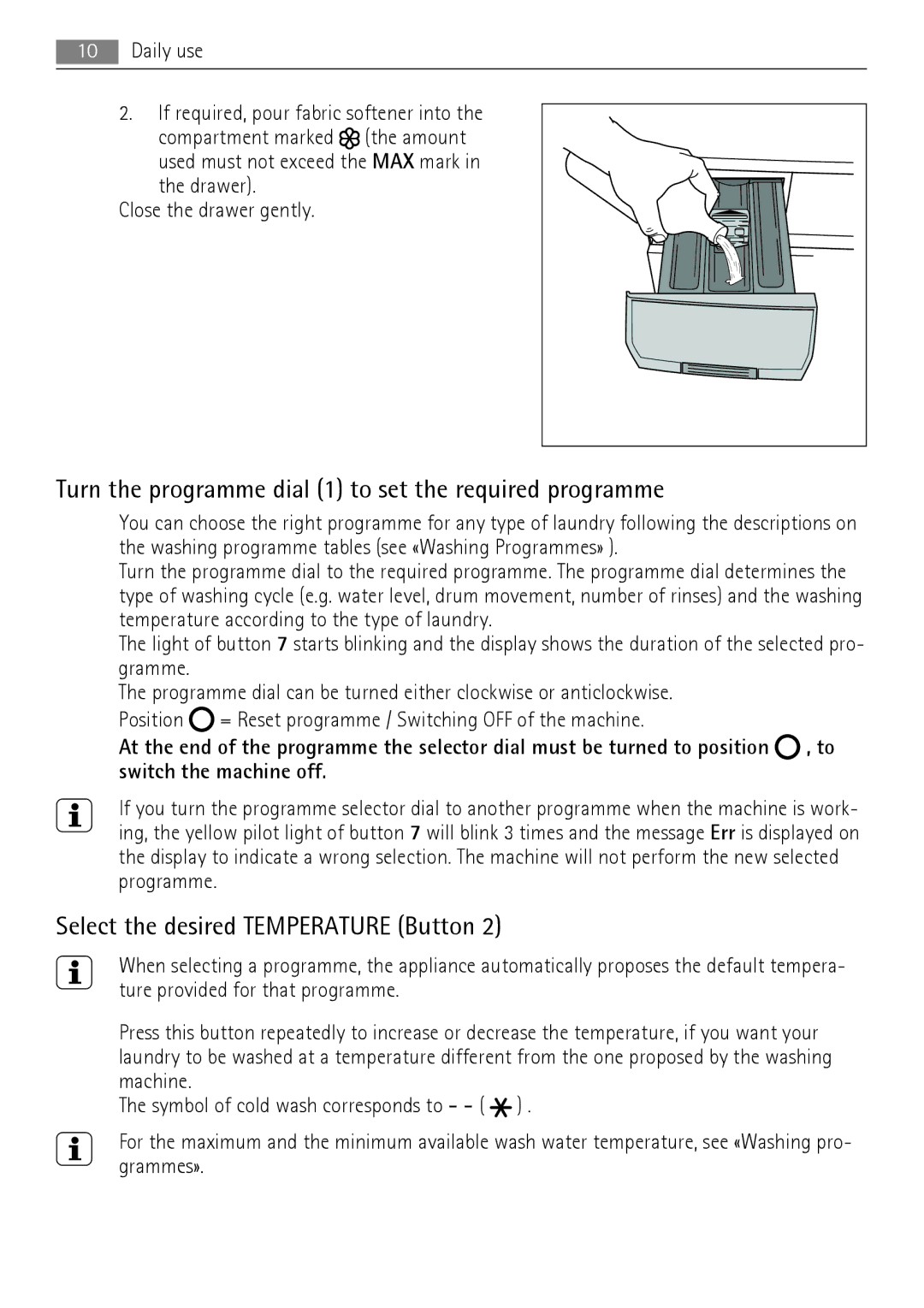 AEG LN 79680A3, LN 79689A3 Turn the programme dial 1 to set the required programme, Select the desired Temperature Button 