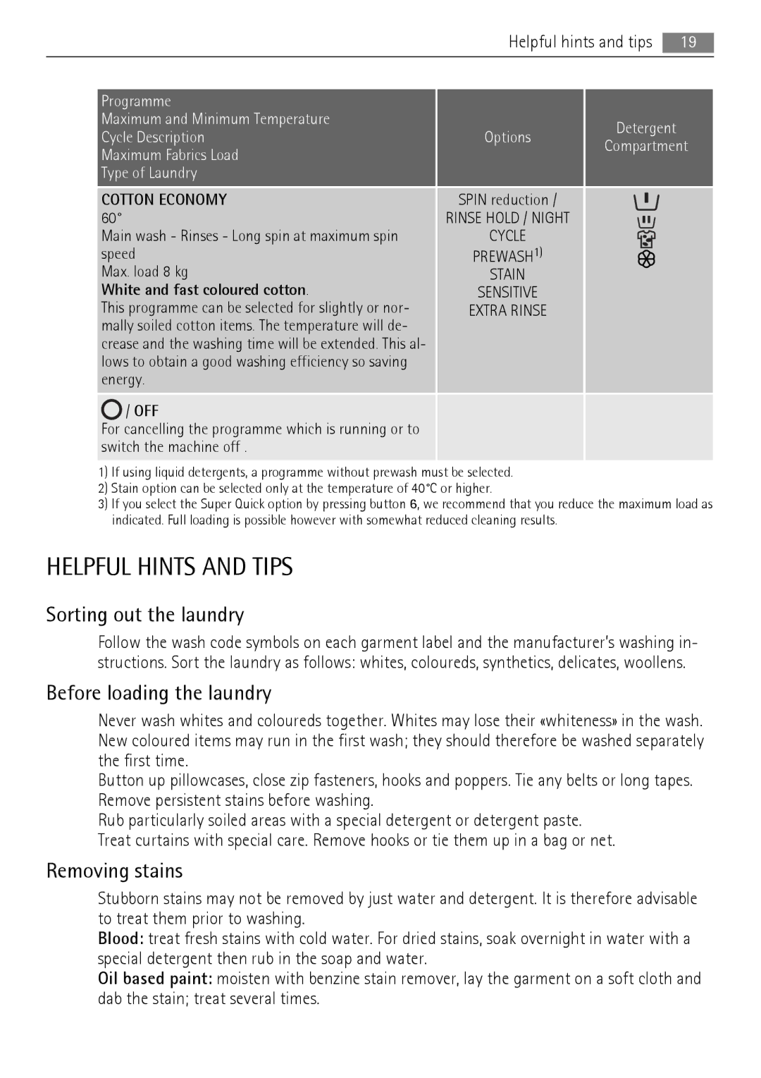 AEG LN 79689A3, LN 79680A3 Helpful Hints and Tips, Sorting out the laundry, Before loading the laundry, Removing stains 