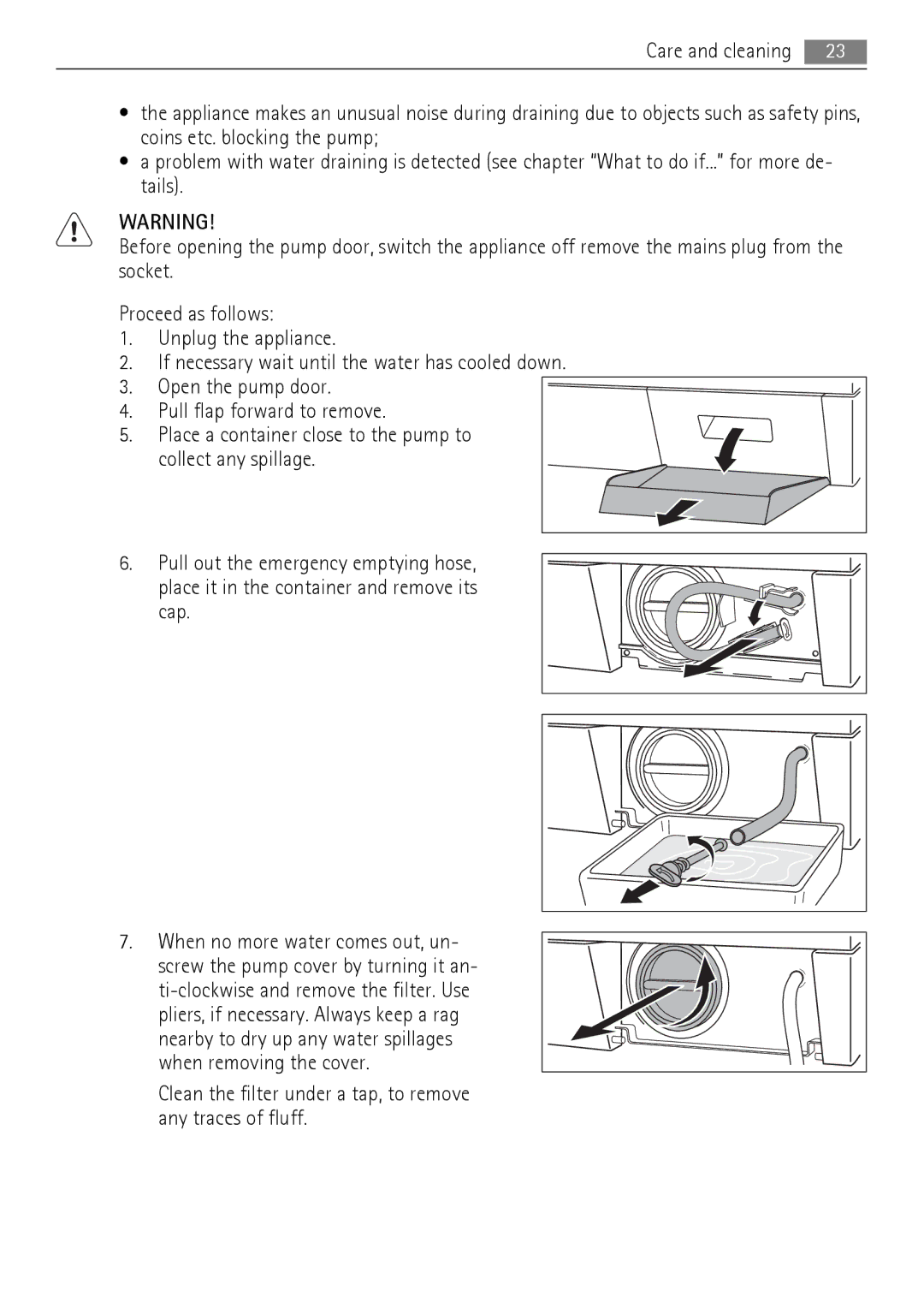 AEG LN 79689A3, LN 79680A3 user manual Clean the filter under a tap, to remove any traces of fluff 