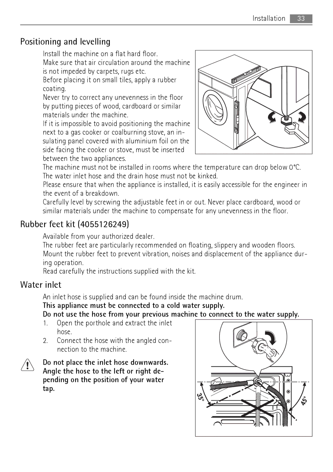 AEG LN 79689A3, LN 79680A3 user manual Positioning and levelling, Rubber feet kit, Water inlet 