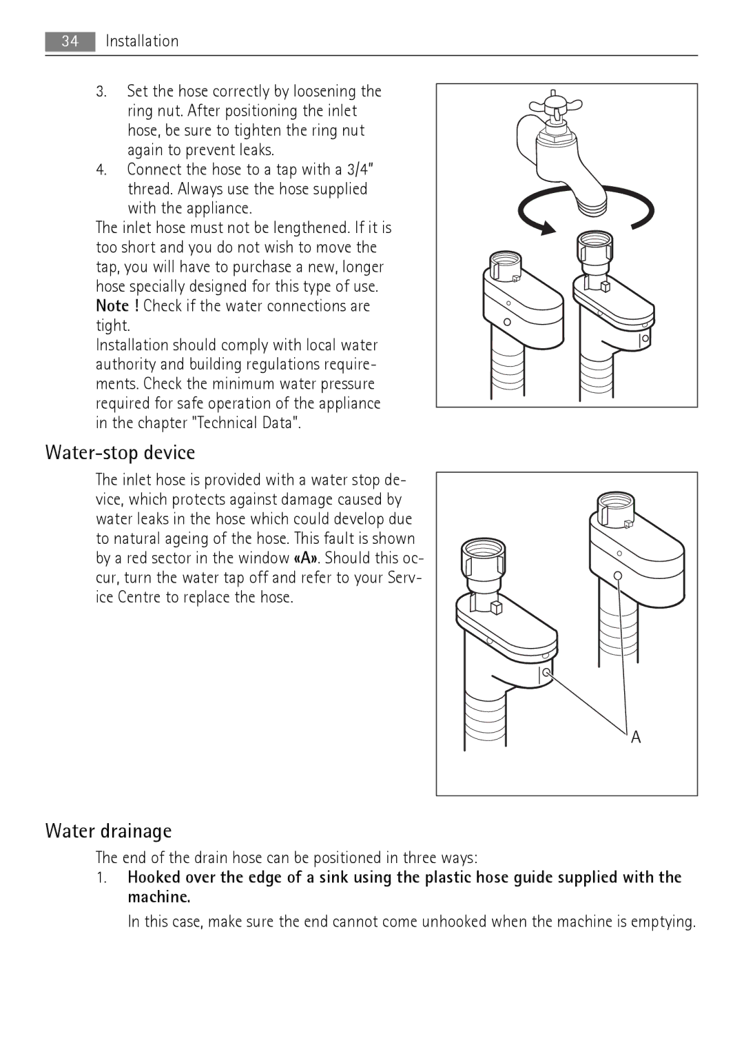 AEG LN 79680A3, LN 79689A3 user manual Water-stop device, Water drainage 