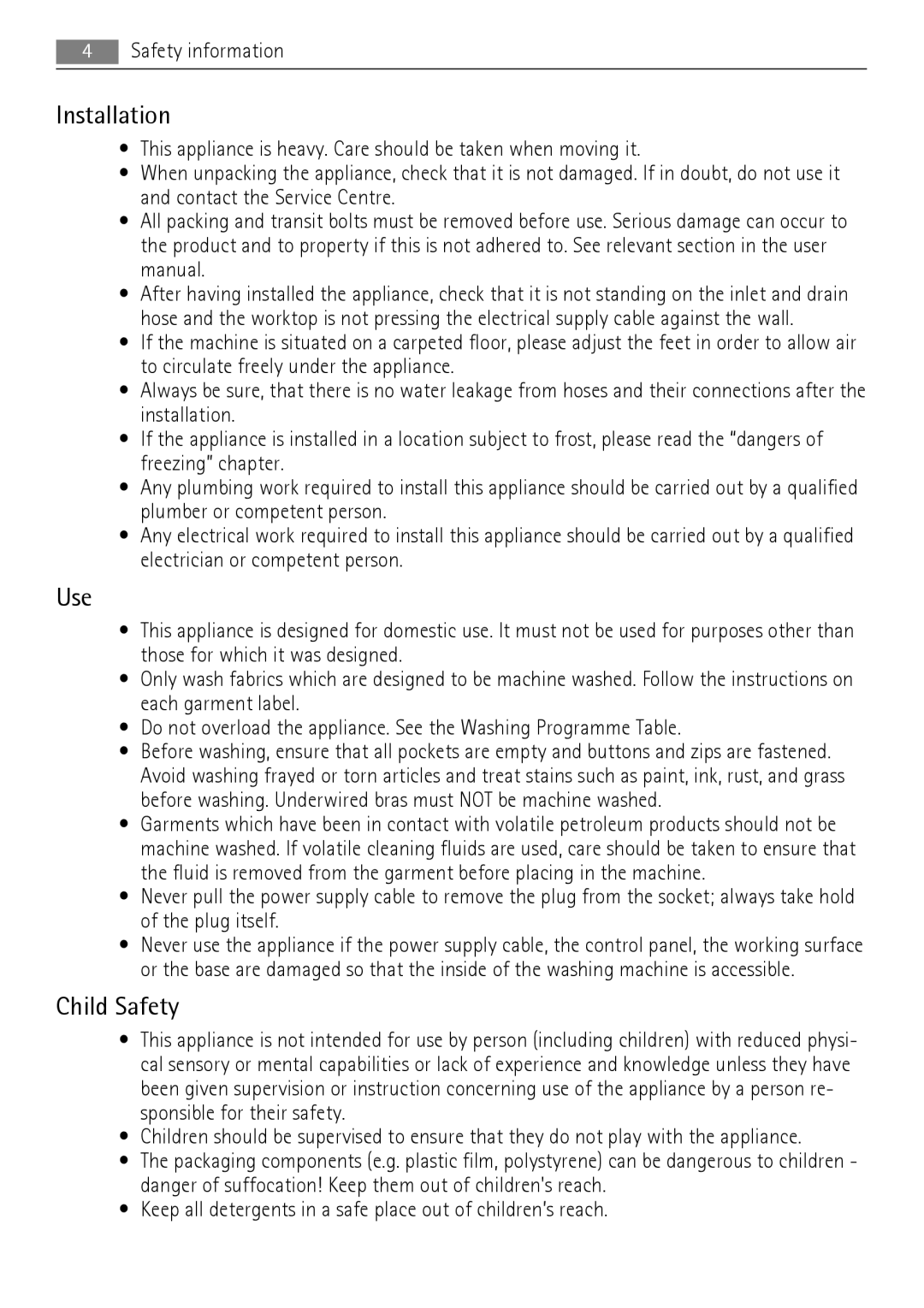 AEG LN 79680A3, LN 79689A3 user manual Installation, Use, Child Safety 