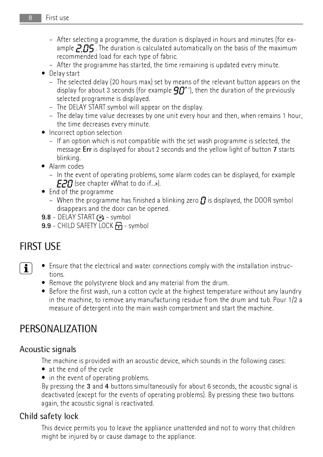 AEG LN 79680A3, LN 79689A3 user manual First USE, Personalization, Acoustic signals, Child safety lock 