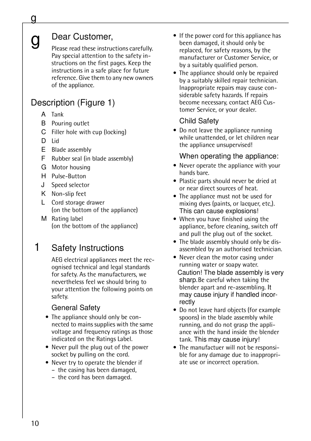 AEG M 2600 manual GDear Customer, Description Figure, Safety Instructions, Never operate the appliance with your hands bare 