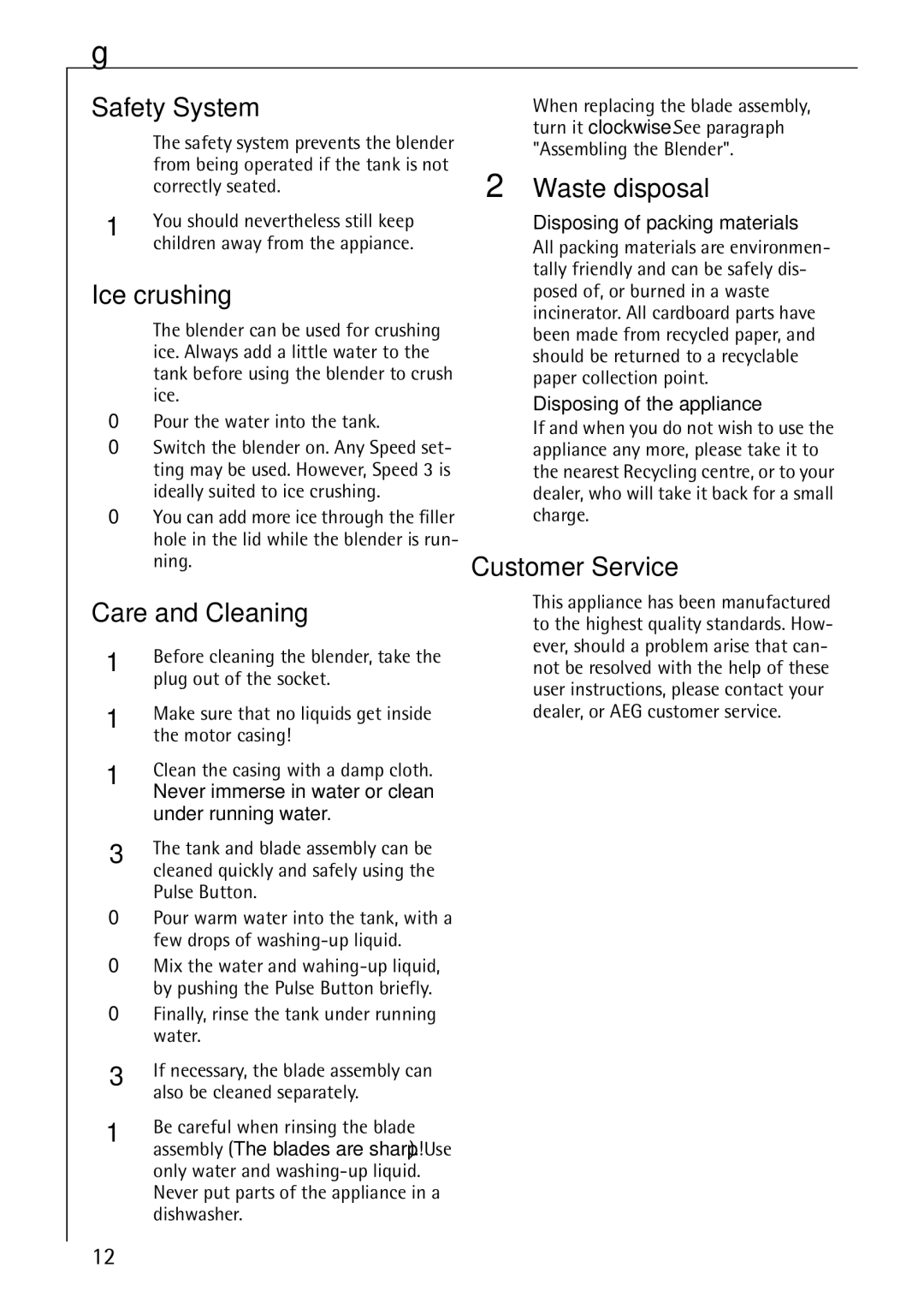 AEG M 2600 manual Safety System, Ice crushing, Care and Cleaning, Waste disposal, Customer Service 