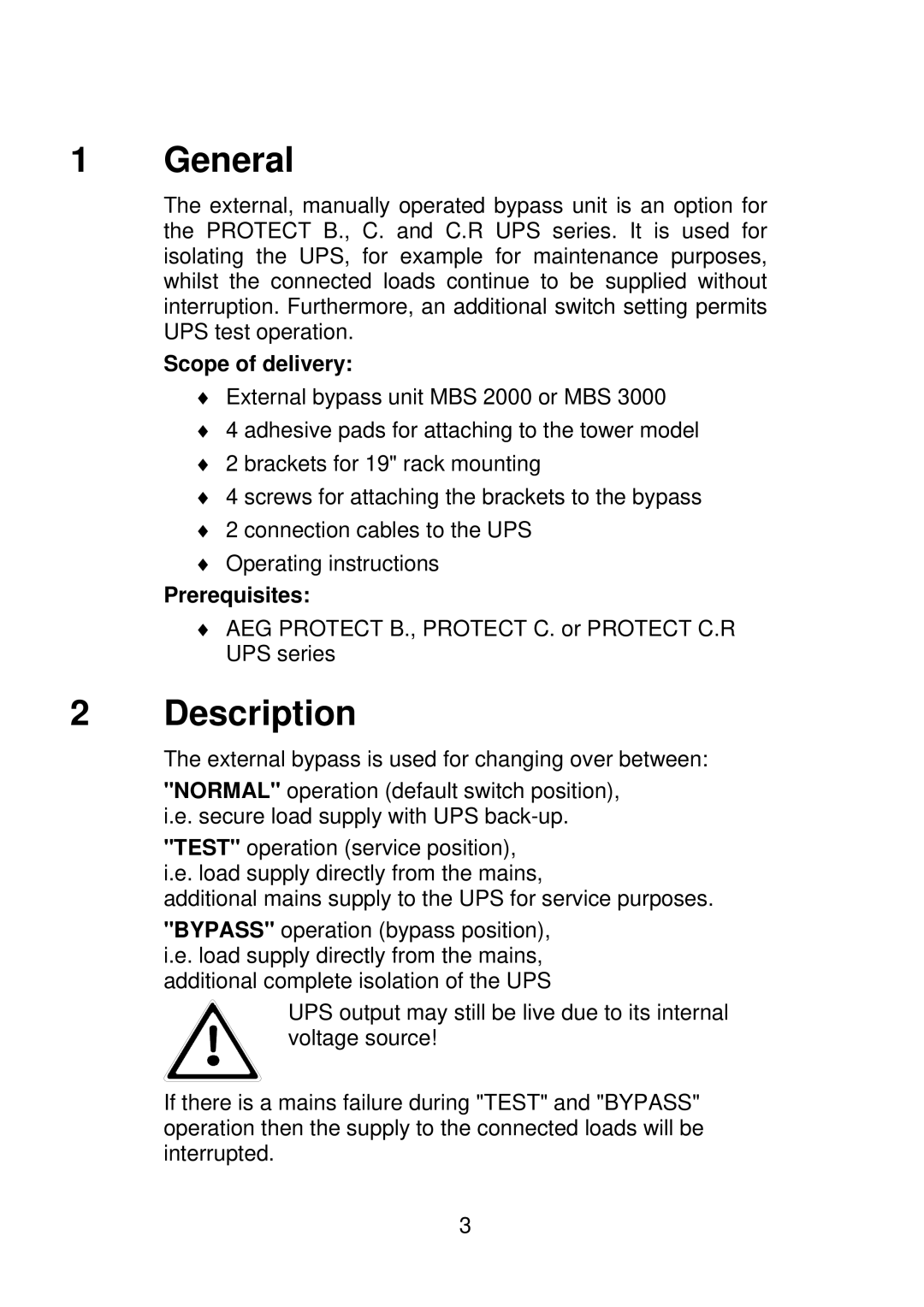 AEG MBS 2000 manual General, Description, Scope of delivery, Prerequisites 