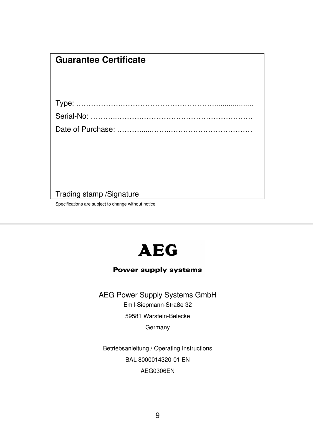 AEG MBS 2000 manual Guarantee Certificate 