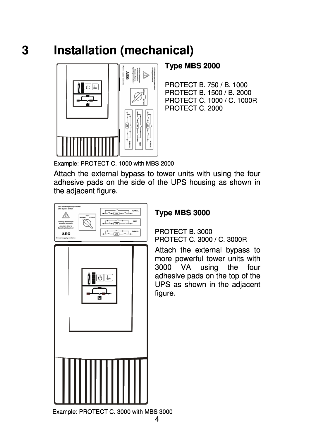 AEG MBS 2000 manual Installation mechanical, Type MBS, PROTECT B. 750 / B PROTECT B. 1500 / B PROTECT C. 1000 / C. 1000R 