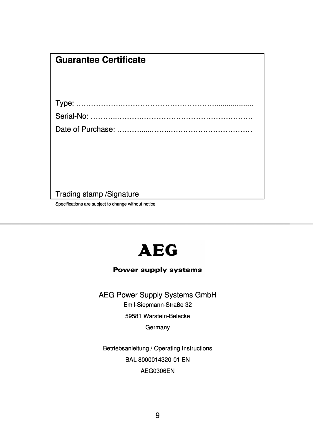 AEG MBS 2000 manual Guarantee Certificate, Emil-Siepmann-Straße 59581 Warstein-Belecke Germany, AEG0306EN 