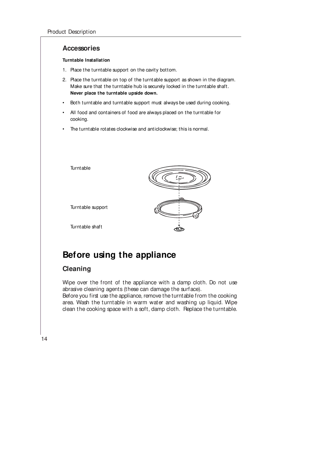 AEG MC_170 manual Before using the appliance, Accessories, Cleaning, Turntable Installation 