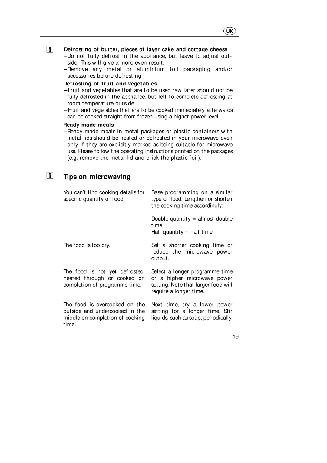 AEG MC_170 manual Tips on microwaving, Defrosting of fruit and vegetables, Ready made meals 