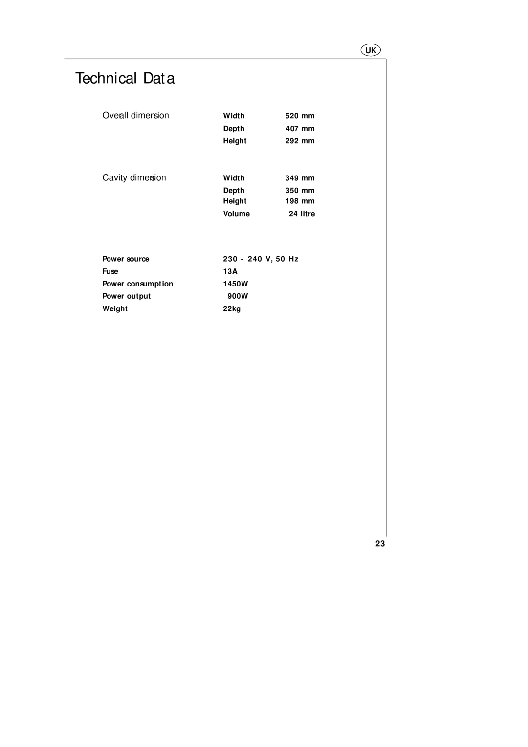 AEG MC_170 manual Technical Data, Overall dimension, Cavity dimension 