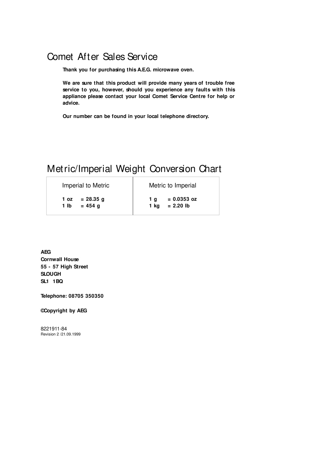 AEG MC_170 manual Comet After Sales Service, Metric/Imperial Weight Conversion Chart, Imperial to Metric Metric to Imperial 