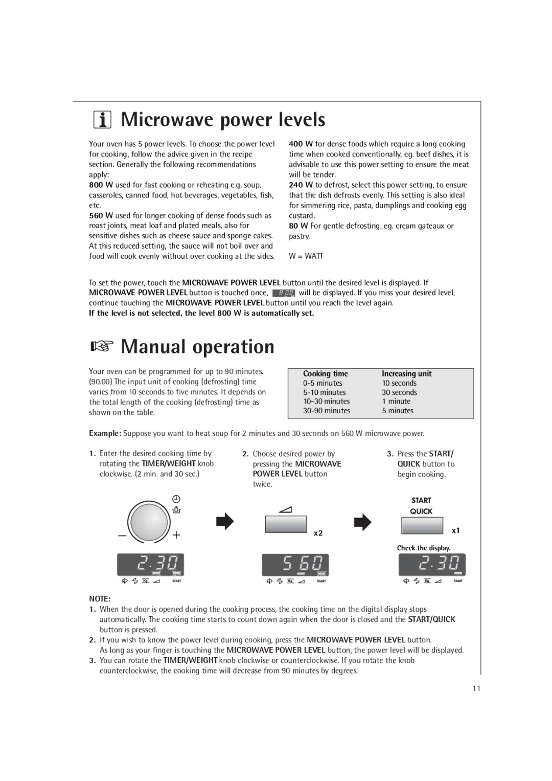 AEG MC1751E, MC1761E operating instructions Microwave power levels, Manual operation, Cooking time Increasing unit 