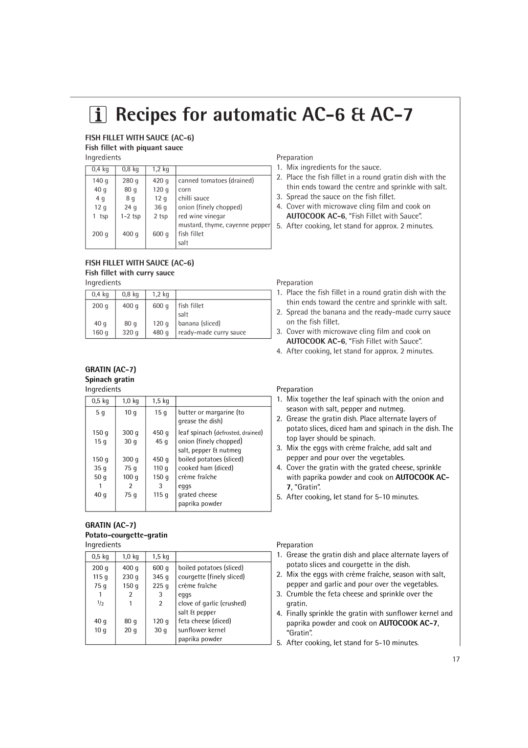 AEG MC1751E, MC1761E Recipes for automatic AC-6 & AC-7, Fish fillet with piquant sauce, Fish fillet with curry sauce 