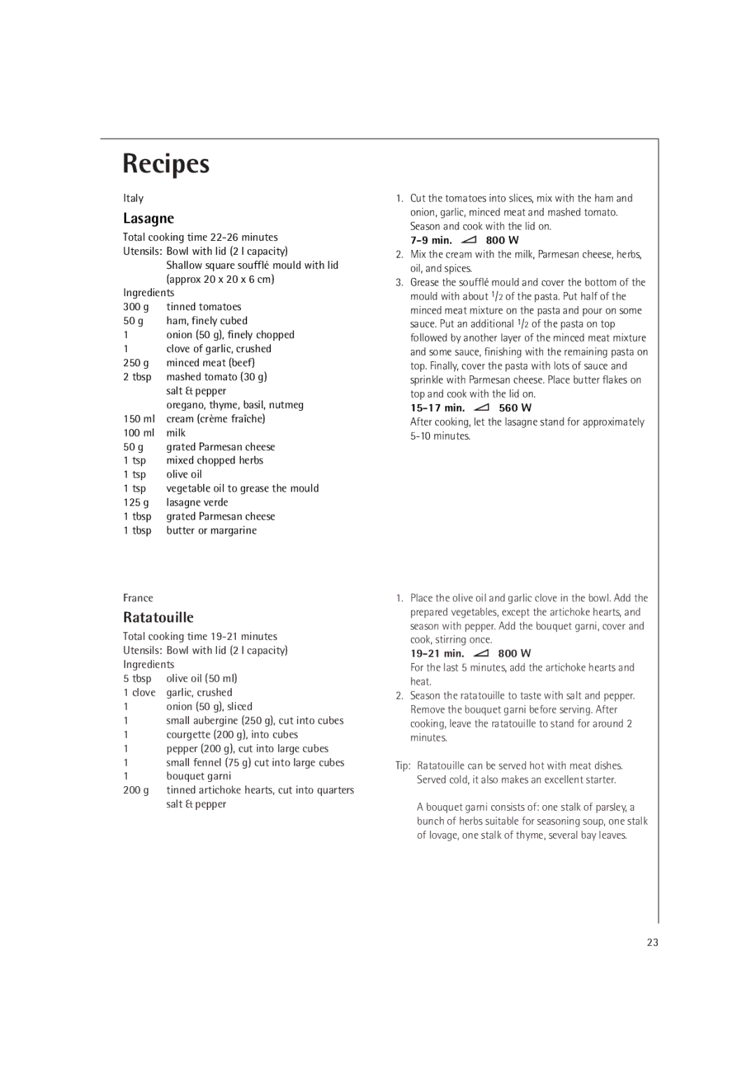 AEG MC1751E, MC1761E operating instructions Lasagne, Ratatouille 