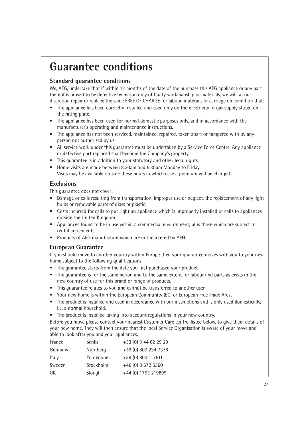 AEG MC1751E, MC1761E Guarantee conditions, Standard guarantee conditions, Exclusions, European Guarantee 