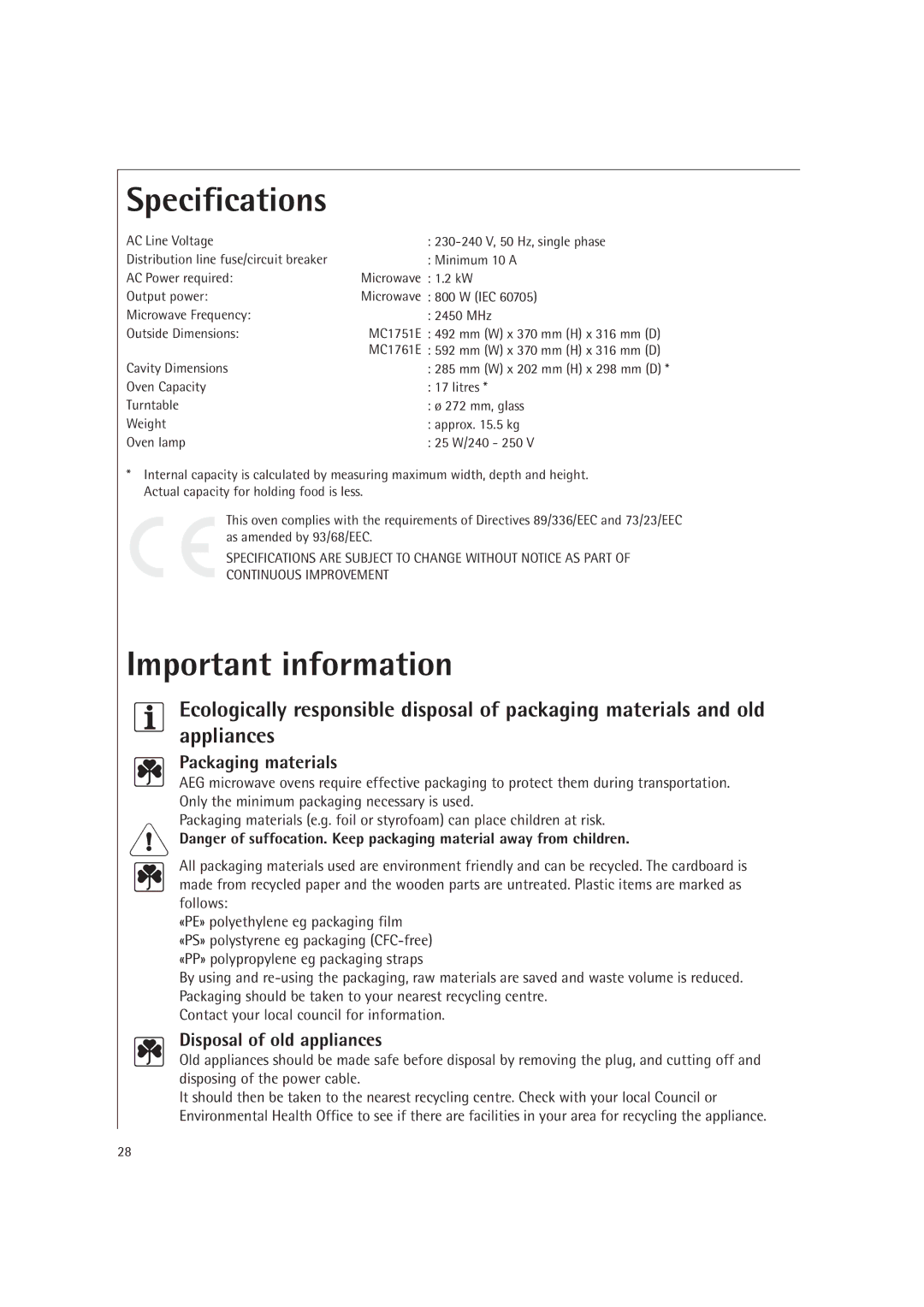 AEG MC1761E, MC1751E Specifications, Important information, Packaging materials, Disposal of old appliances 