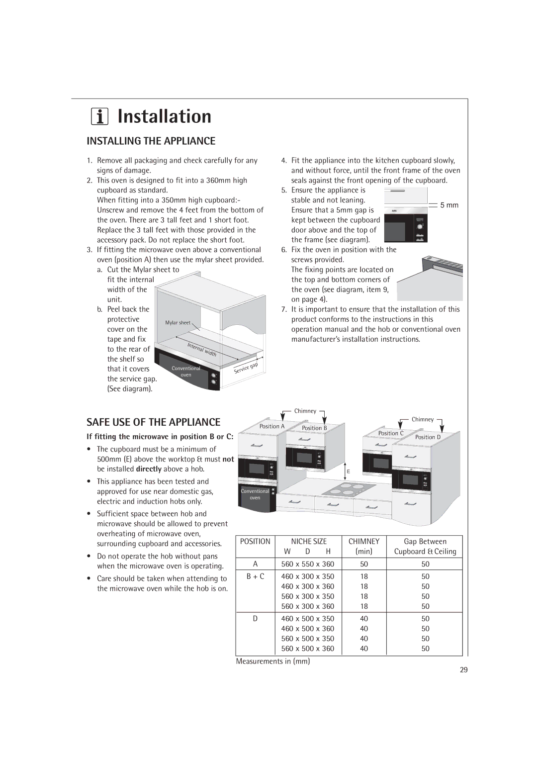 AEG MC1751E, MC1761E operating instructions Installation, Installing the Appliance 