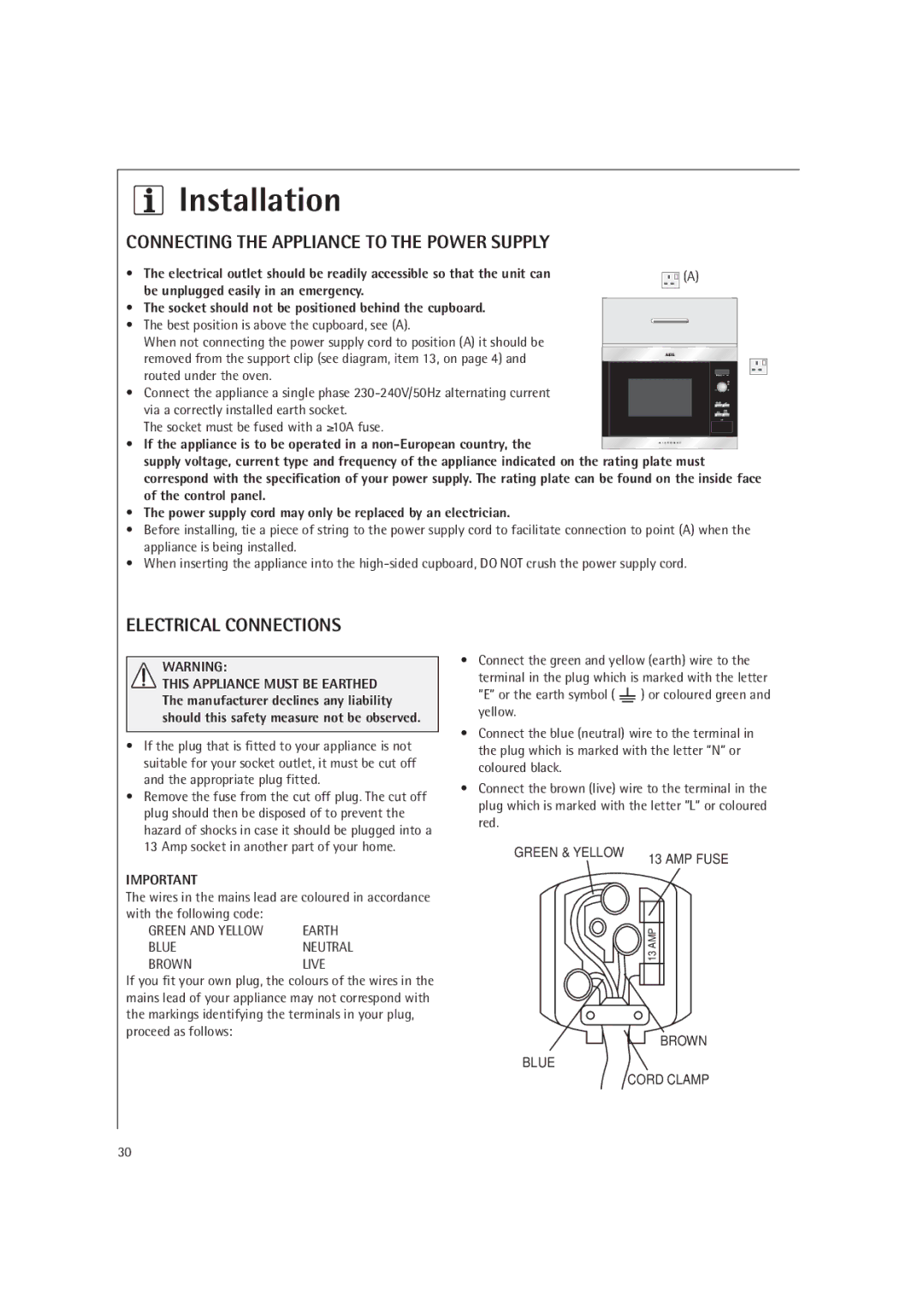 AEG MC1761E, MC1751E operating instructions Connecting the Appliance to the Power Supply 