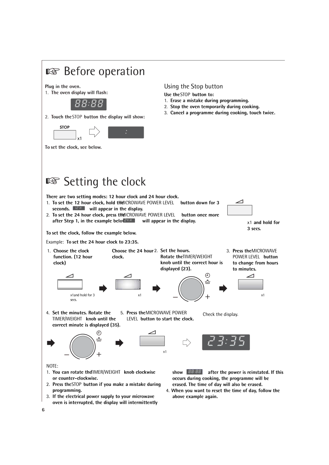 AEG MC1761E, MC1751E Before operation, Setting the clock, Using the Stop button, Level button to start the clock 