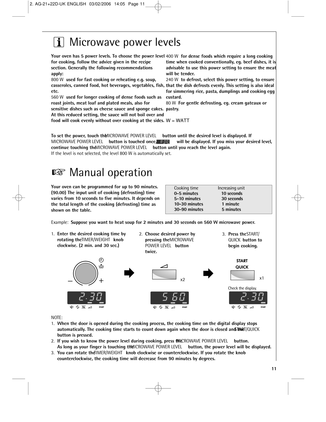 AEG MC1751E, MC1761E operating instructions Microwave power levels, Manual operation, = Watt, Cooking time Increasing unit 