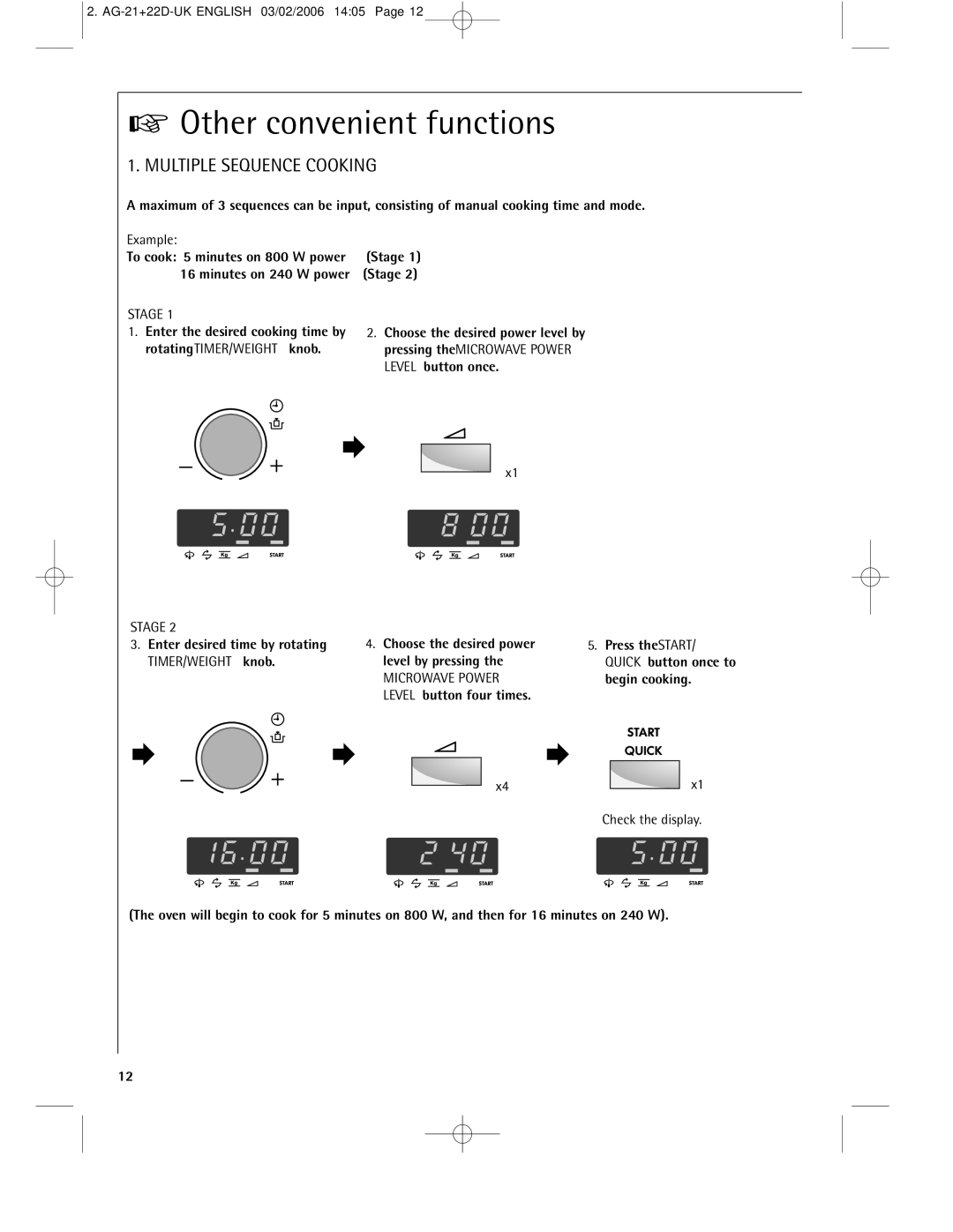 AEG MC1761E, MC1751E Other convenient functions, Multiple Sequence Cooking, Example, Stage, Check the display 