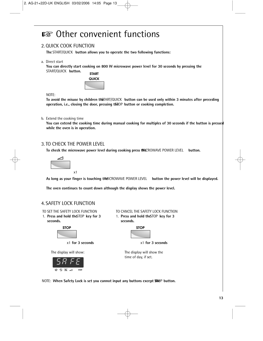 AEG MC1751E, MC1761E Quick Cook Function, To Check the Power Level, To SET the Safety Lock Function 