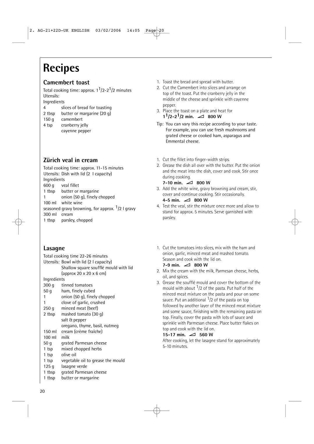 AEG MC1761E, MC1751E operating instructions Camembert toast, Zürich veal in cream, Lasagne, 11/2-21/2 min W 