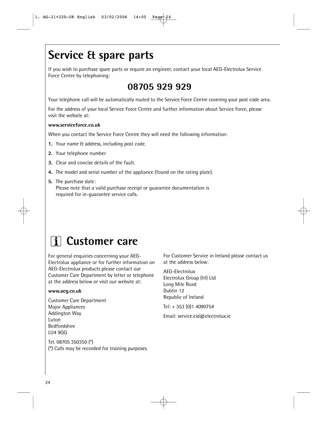 AEG MC1761E, MC1751E operating instructions Service & spare parts, Customer care 