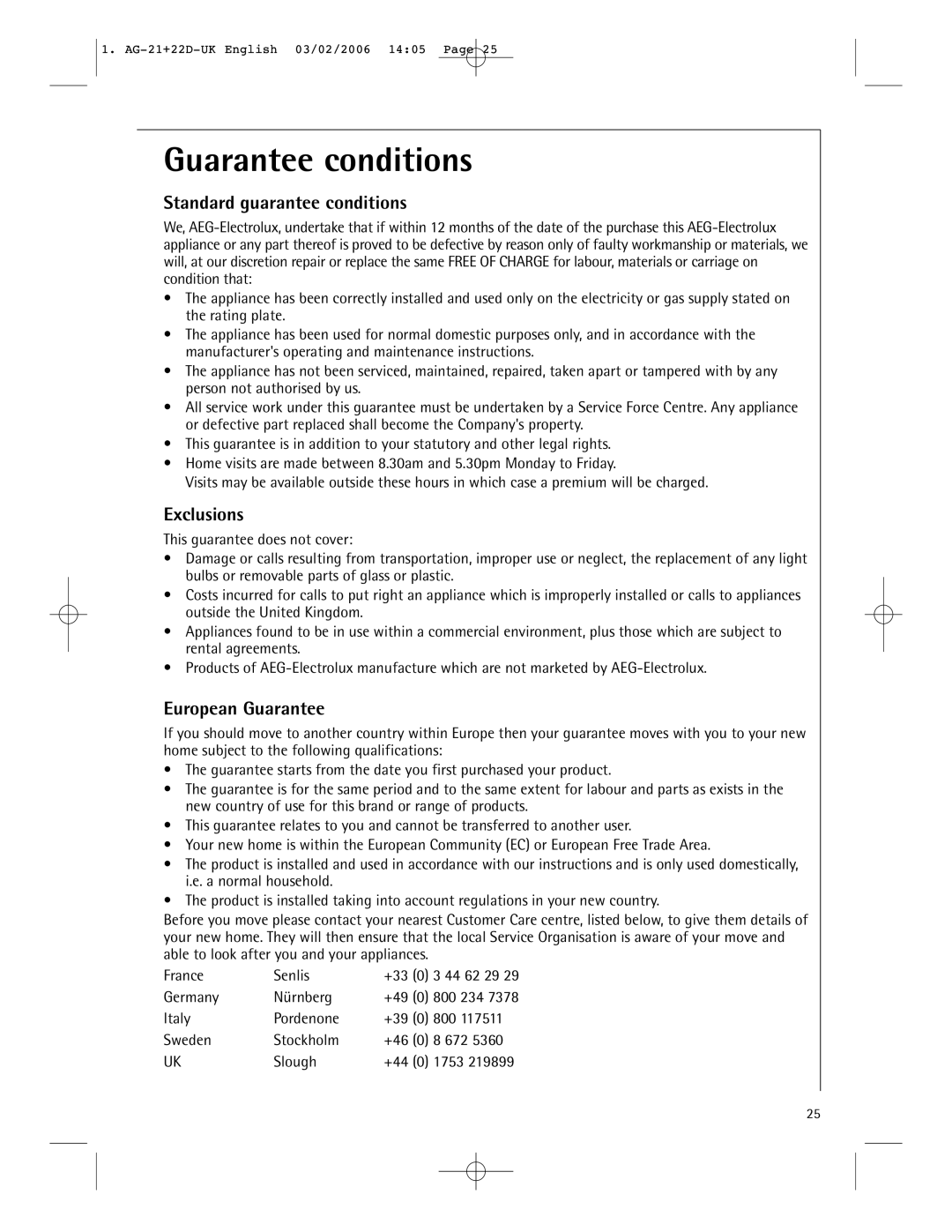 AEG MC1751E, MC1761E Guarantee conditions, Standard guarantee conditions, Exclusions, European Guarantee 