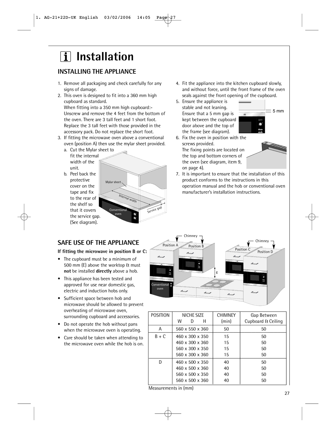 AEG MC1751E, MC1761E operating instructions Installation, Installing the Appliance, Safe USE of the Appliance 