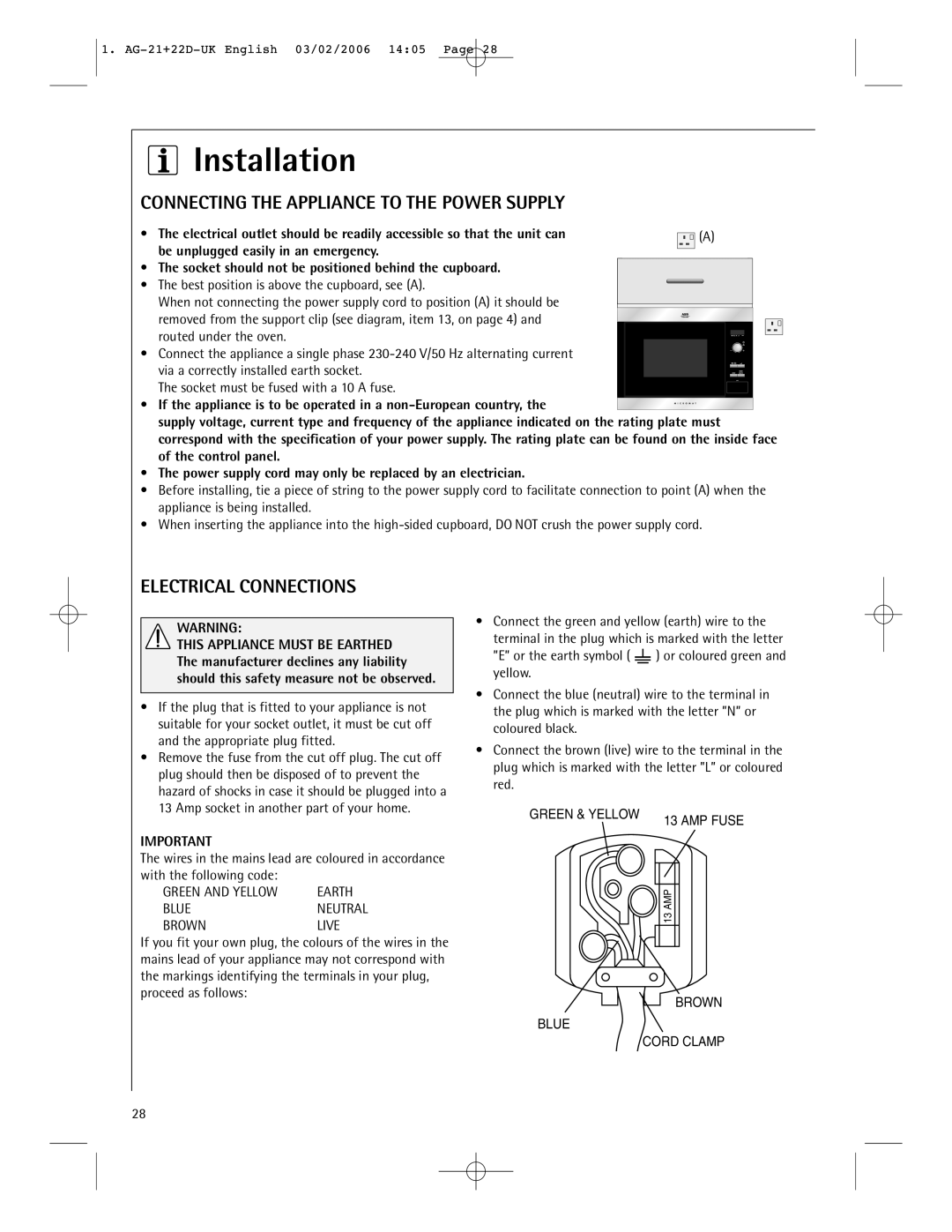 AEG MC1761E, MC1751E Connecting the Appliance to the Power Supply, Electrical Connections, With the following code 