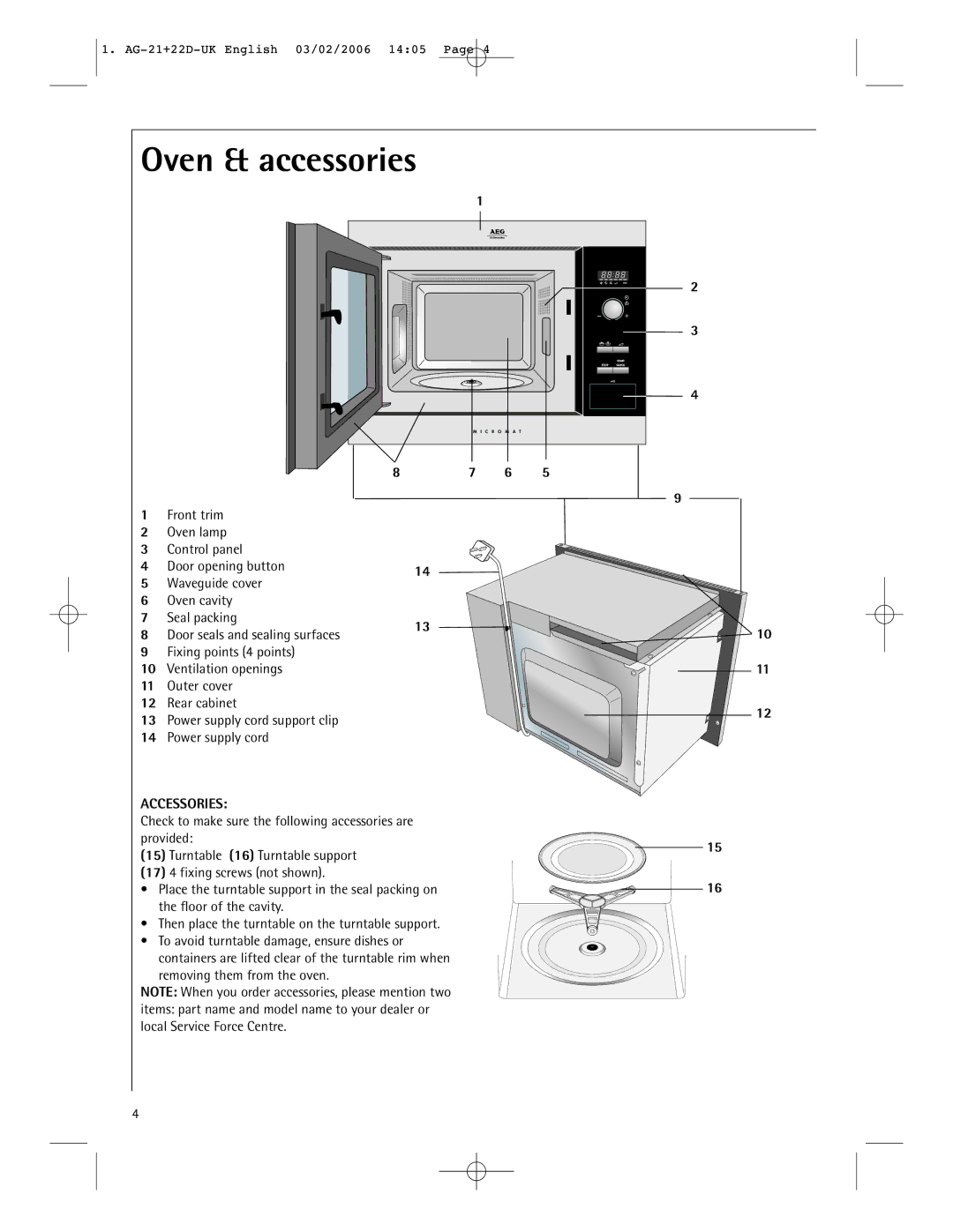 AEG MC1761E Oven & accessories, 87 6, Front trim Oven lamp, Outer cover Rear cabinet Power supply cord support clip 