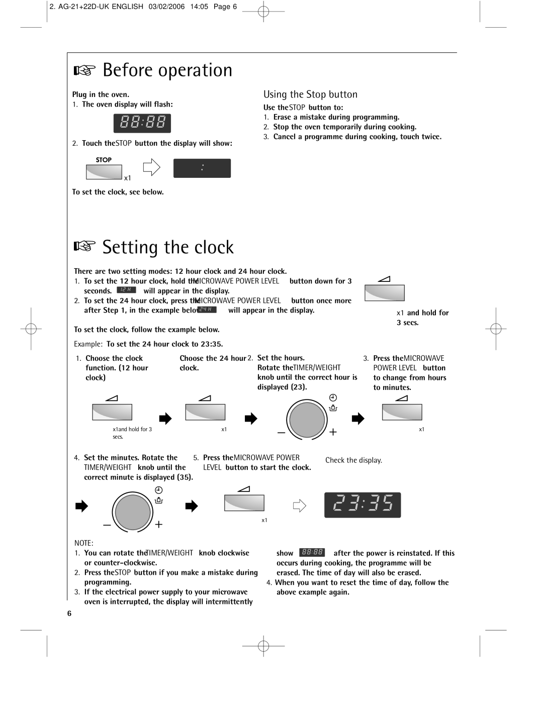 AEG MC1761E, MC1751E Before operation, Setting the clock, Using the Stop button, Level button to start the clock 