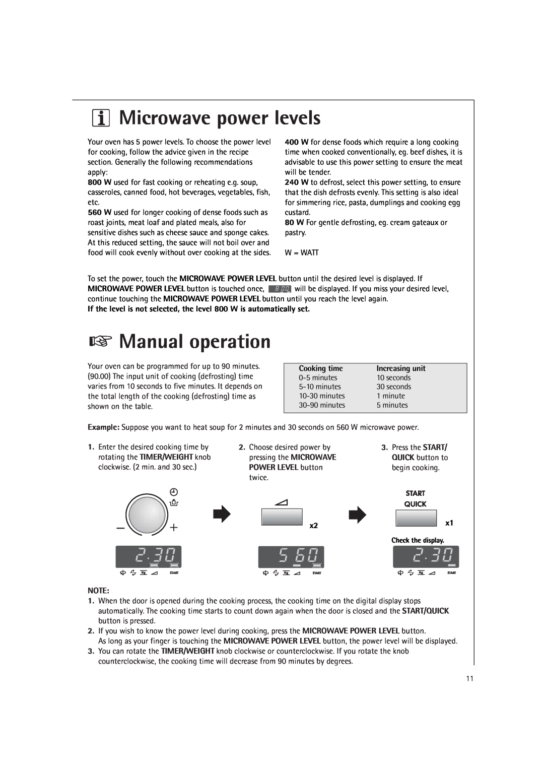 AEG MC1751E, MC1761E operating instructions Microwave power levels, Manual operation, Cooking time, Increasing unit 