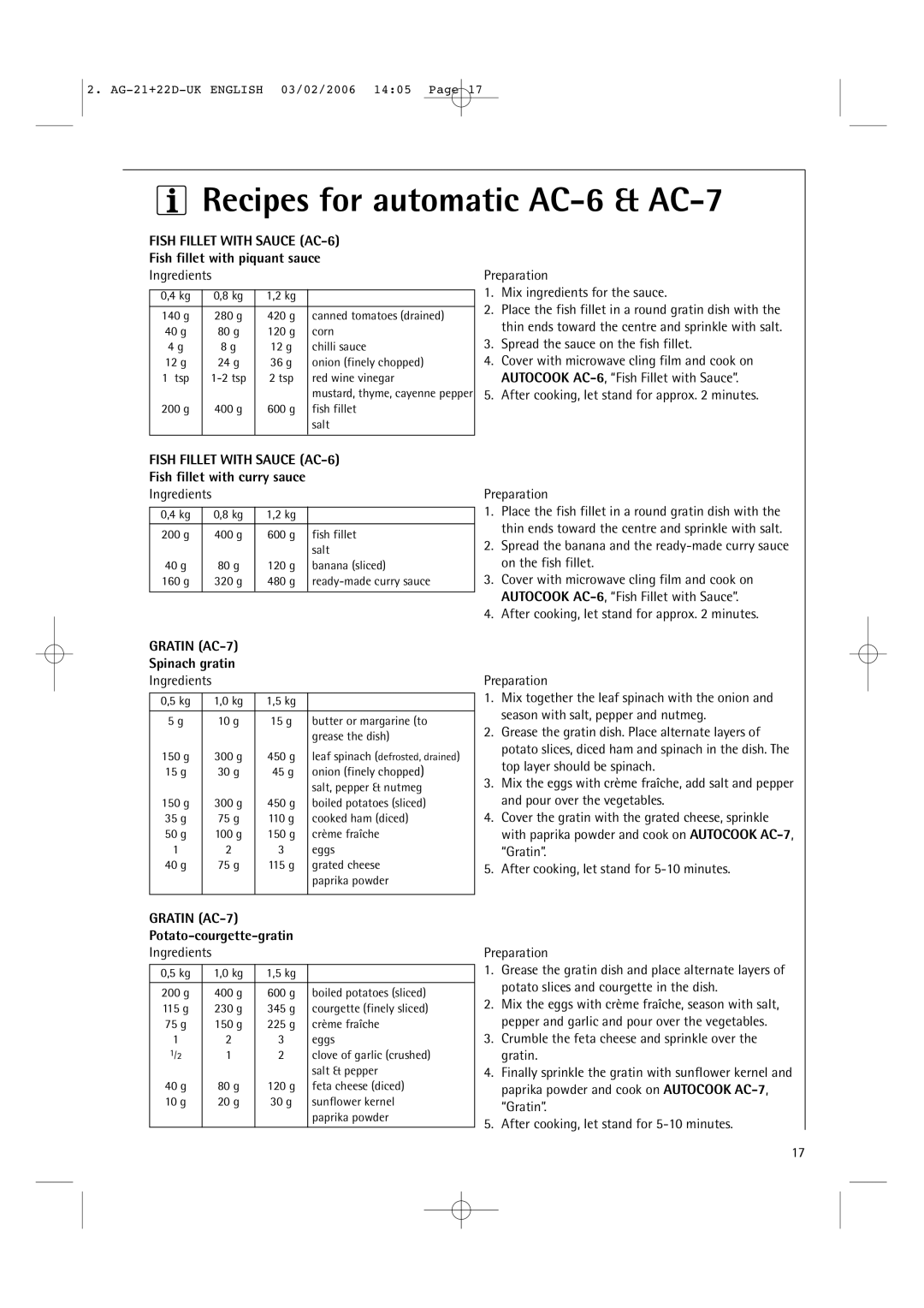 AEG MC1751E Recipes for automatic AC-6& AC-7, FISH FILLET WITH SAUCE AC-6, Fish fillet with piquant sauce, GRATIN AC-7 