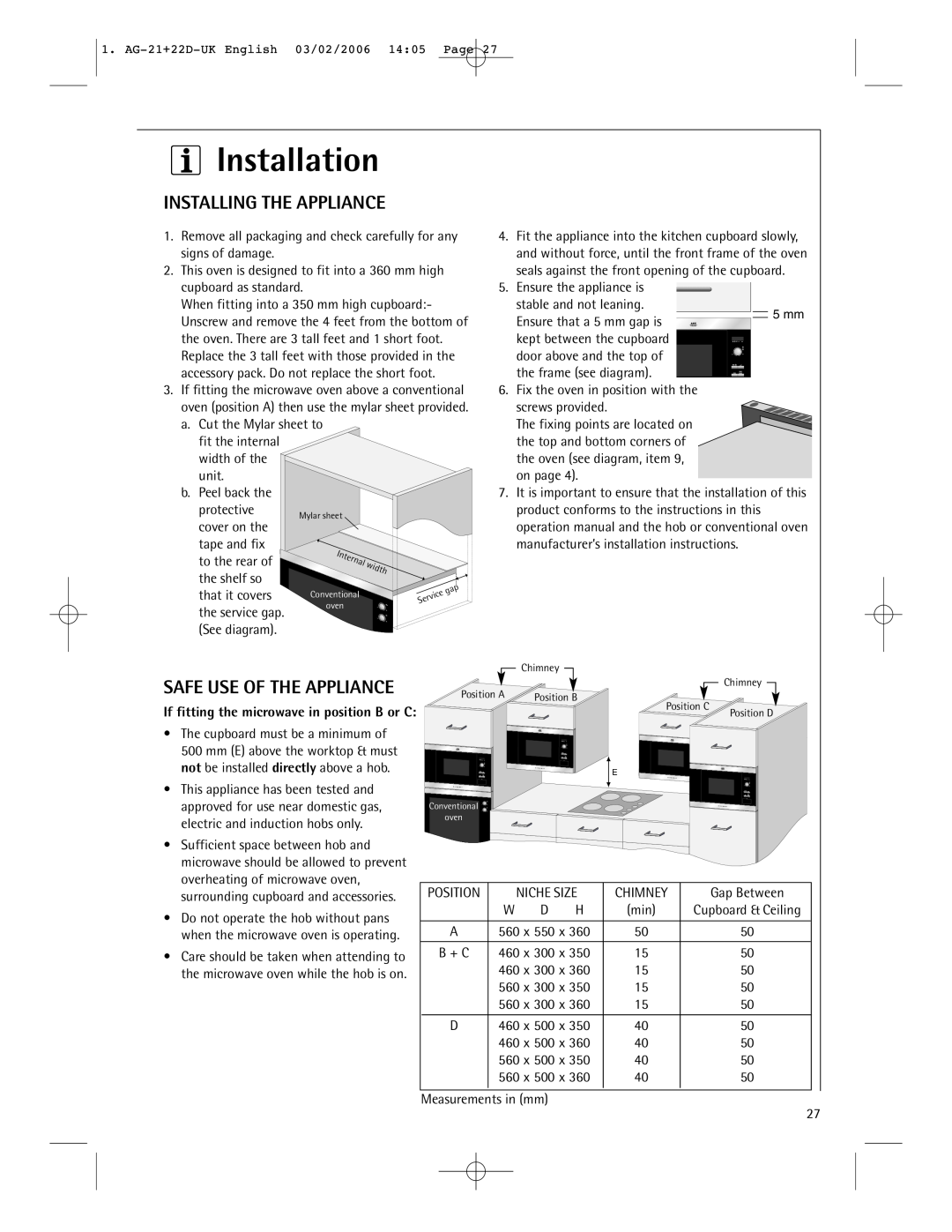 AEG MC1751E, MC1761E operating instructions Installation, Installing The Appliance, Safe Use Of The Appliance 