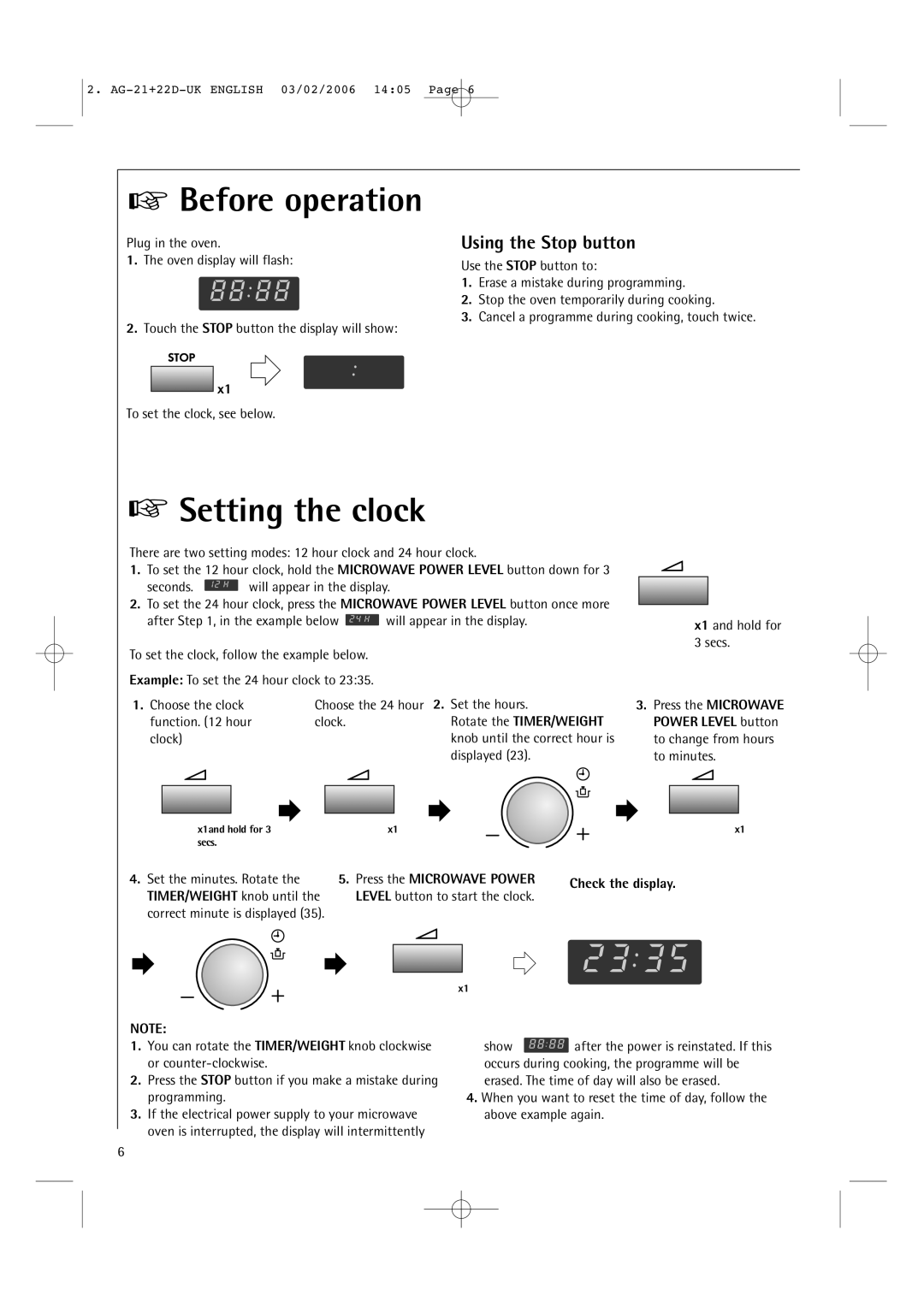 AEG MC1761E, MC1751E operating instructions Before operation, Setting the clock, Using the Stop button 