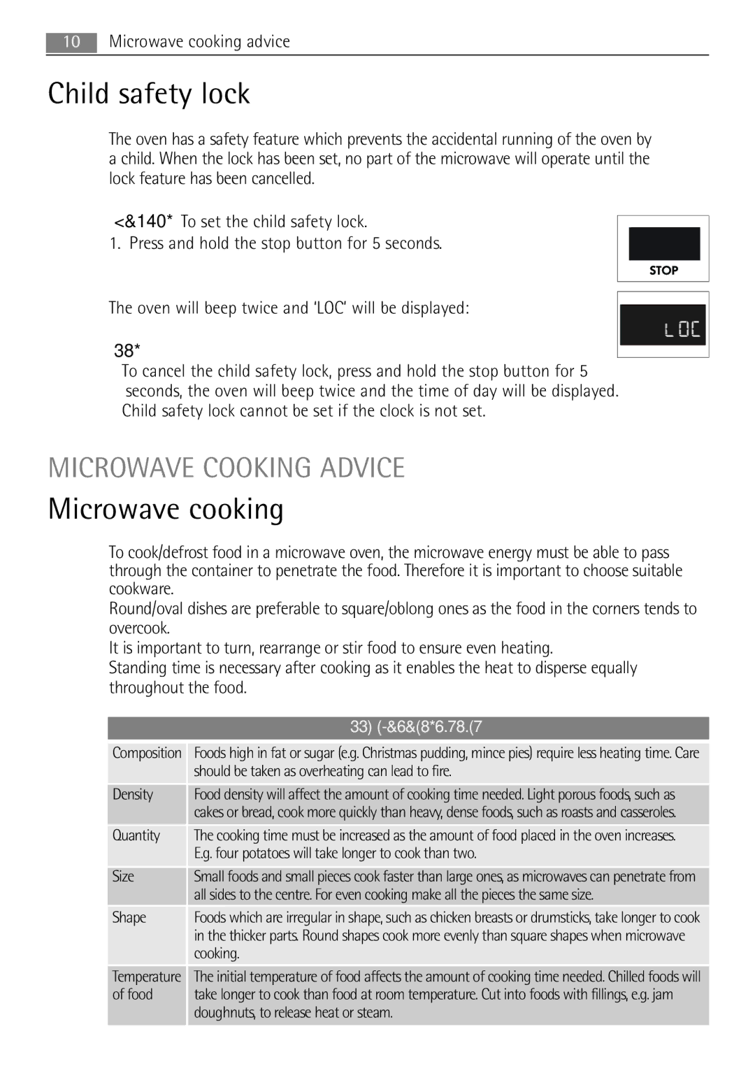 AEG MC1763E, MC1753E user manual Child safety lock, Microwave cooking, Microwave Cooking Advice, Food characteristics 