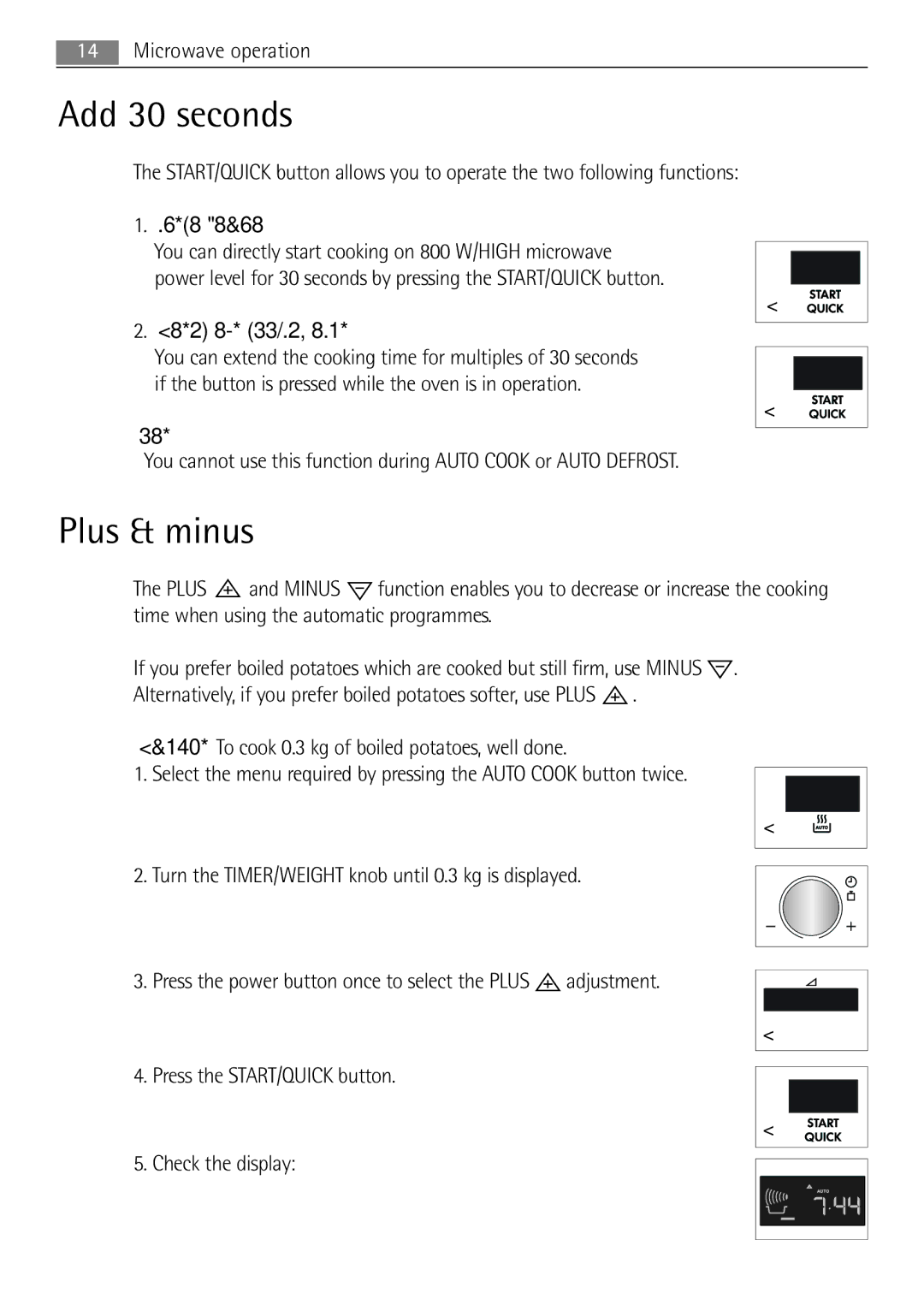 AEG MC1763E, MC1753E user manual Add 30 seconds, Plus & minus, Press the START/QUICK button Check the display 