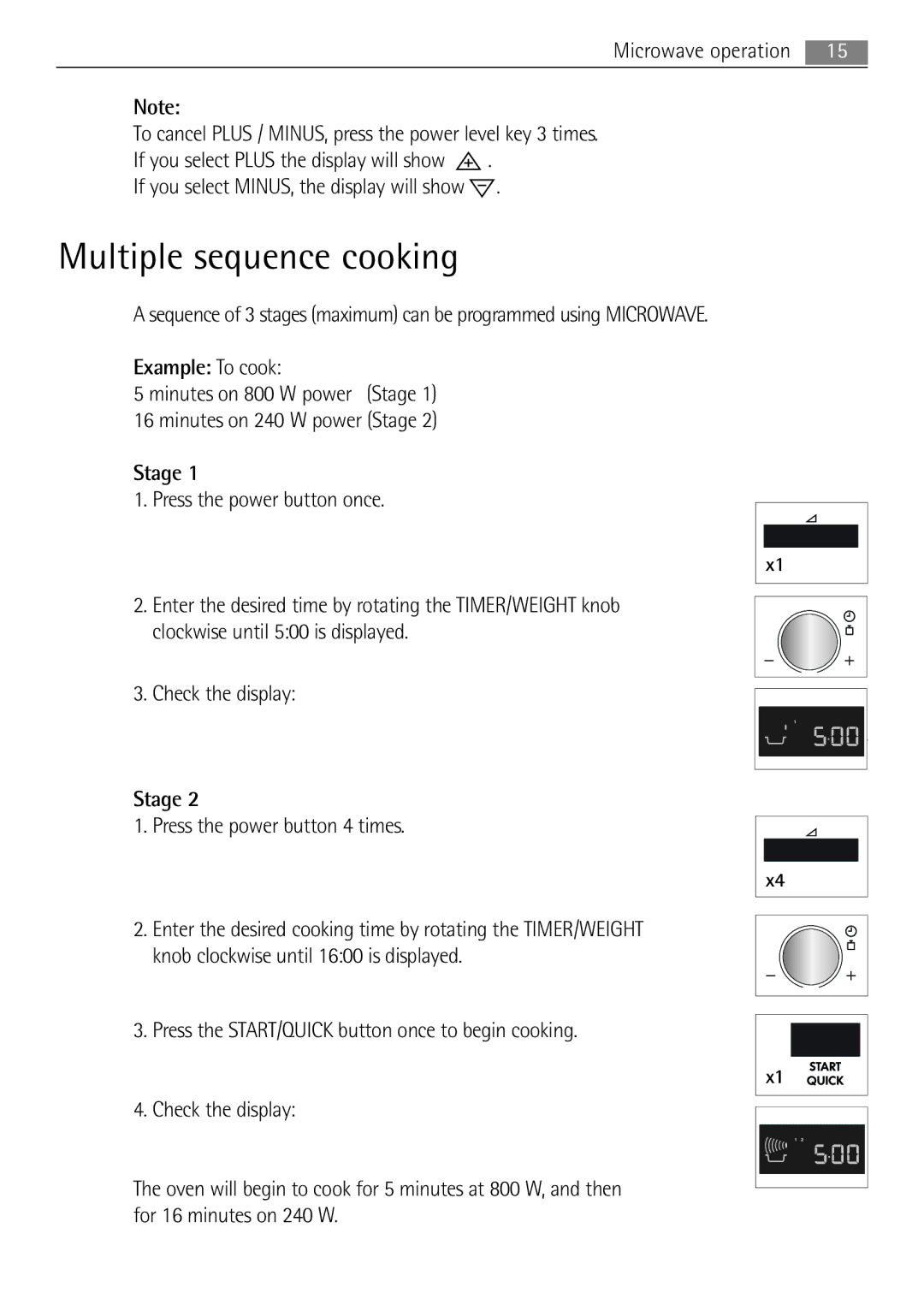 AEG MC1753E, MC1763E user manual Multiple sequence cooking, Minutes on 800 W power Stage Minutes on 240 W power Stage 