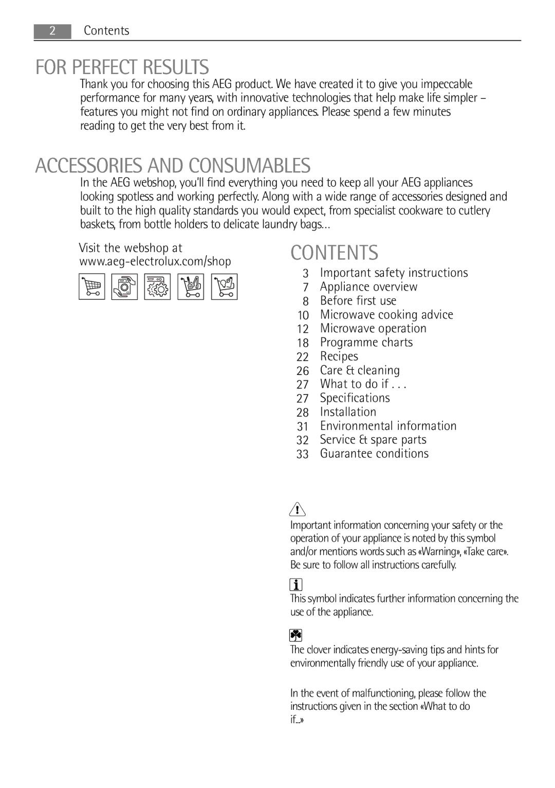 AEG MC1763E, MC1753E user manual For Perfect Results, Accessories and Consumables, Contents 