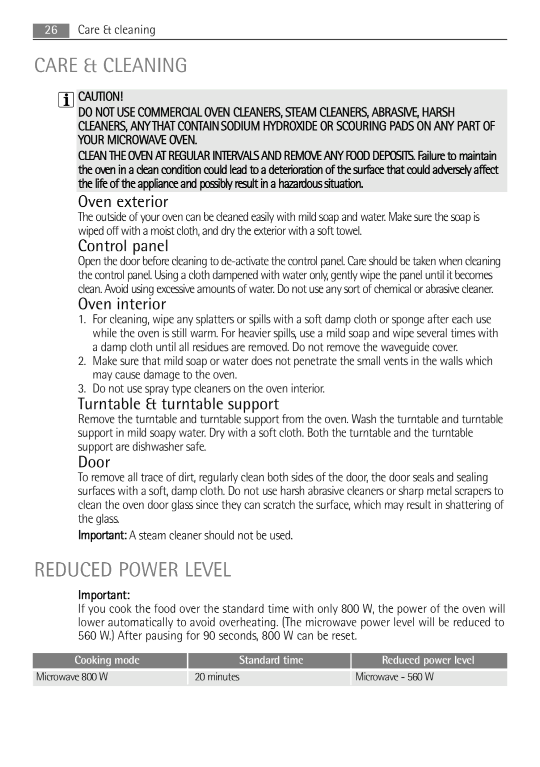 AEG MC1763E, MC1753E user manual Care & Cleaning, Reduced Power Level 