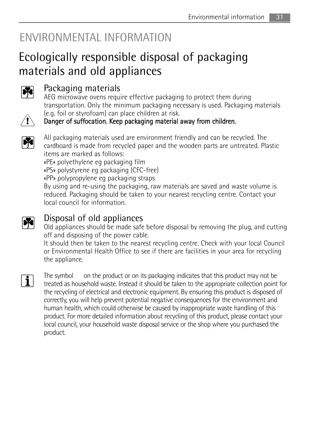 AEG MC1753E, MC1763E Environmental Information, Packaging materials, Disposal of old appliances, Environmental information 