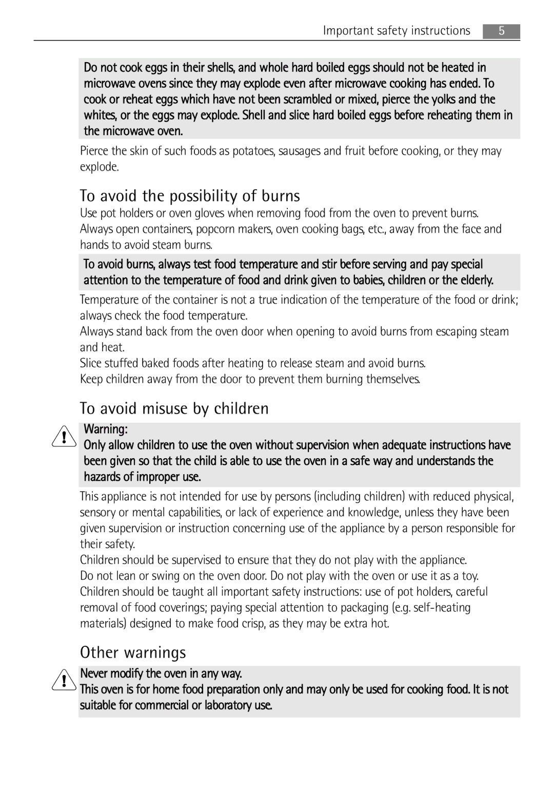 AEG MC1753E, MC1763E user manual To avoid the possibility of burns, To avoid misuse by children, Other warnings 