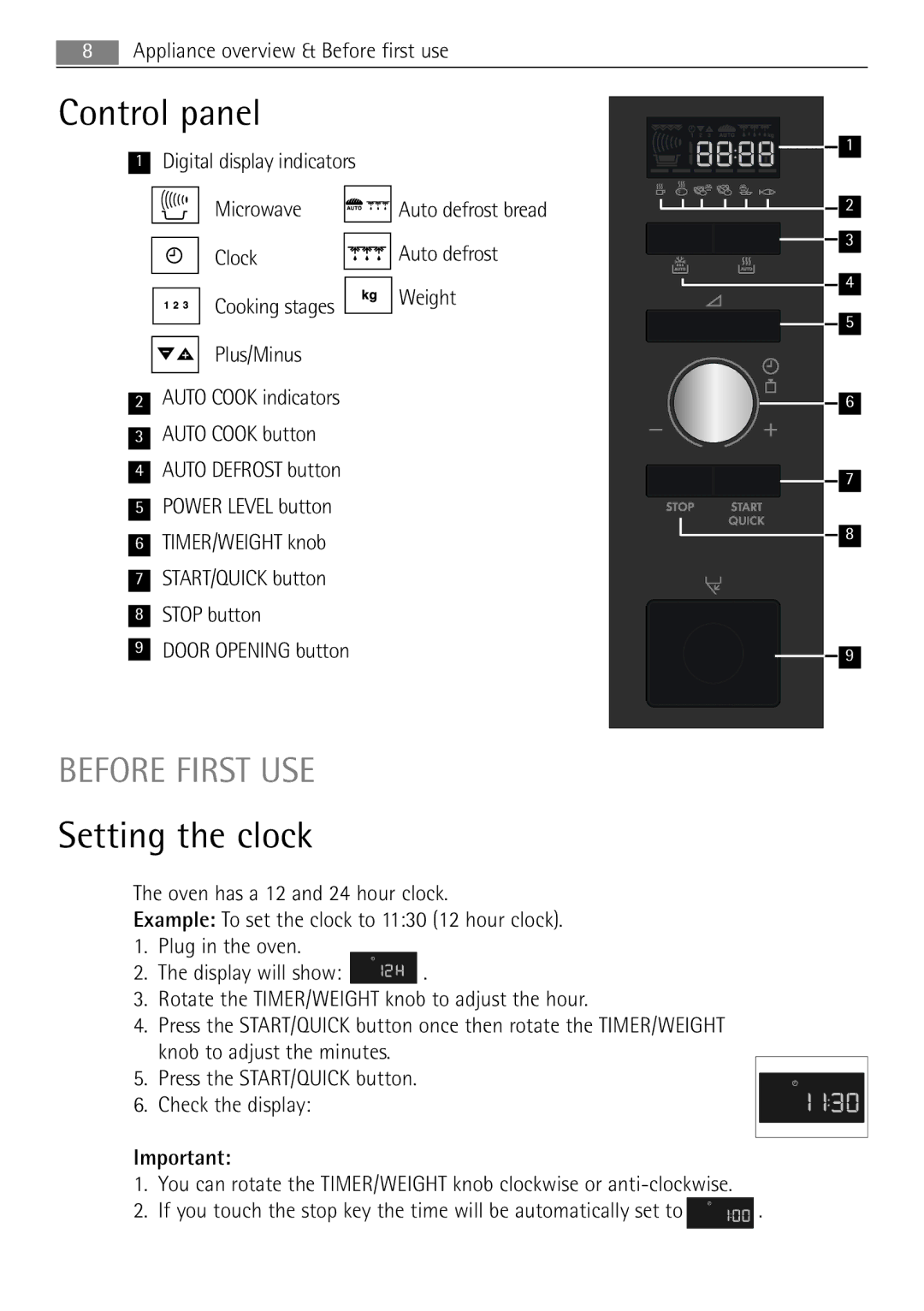 AEG MC1763E, MC1753E user manual Control panel, Setting the clock, Before First USE 