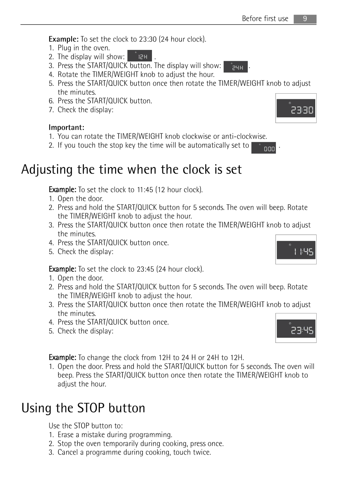 AEG MC1753E, MC1763E user manual Adjusting the time when the clock is set, Using the Stop button 