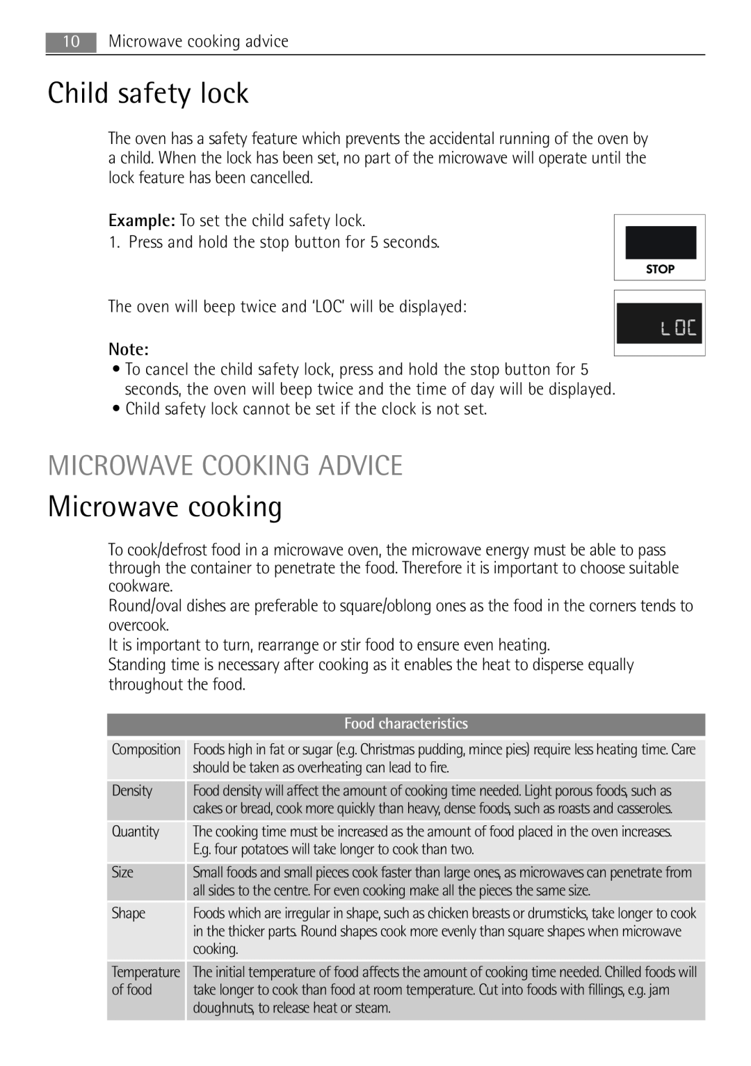 AEG MC1763E, MC1753E user manual Child safety lock, Microwave cooking, Microwave Cooking Advice 